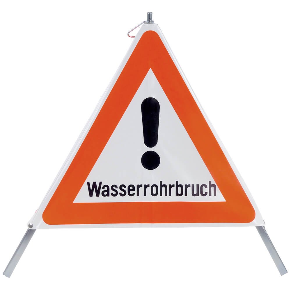 NISSEN Faltsignal mit Warnsymbol Wasserrohrbruch, weiß tagesleuchtend, SL 70 cm aus Kunststoff, Stahl, Art.-Nr. 167060-1 | Faltsignal | Warnpyramide | Warnsymbol