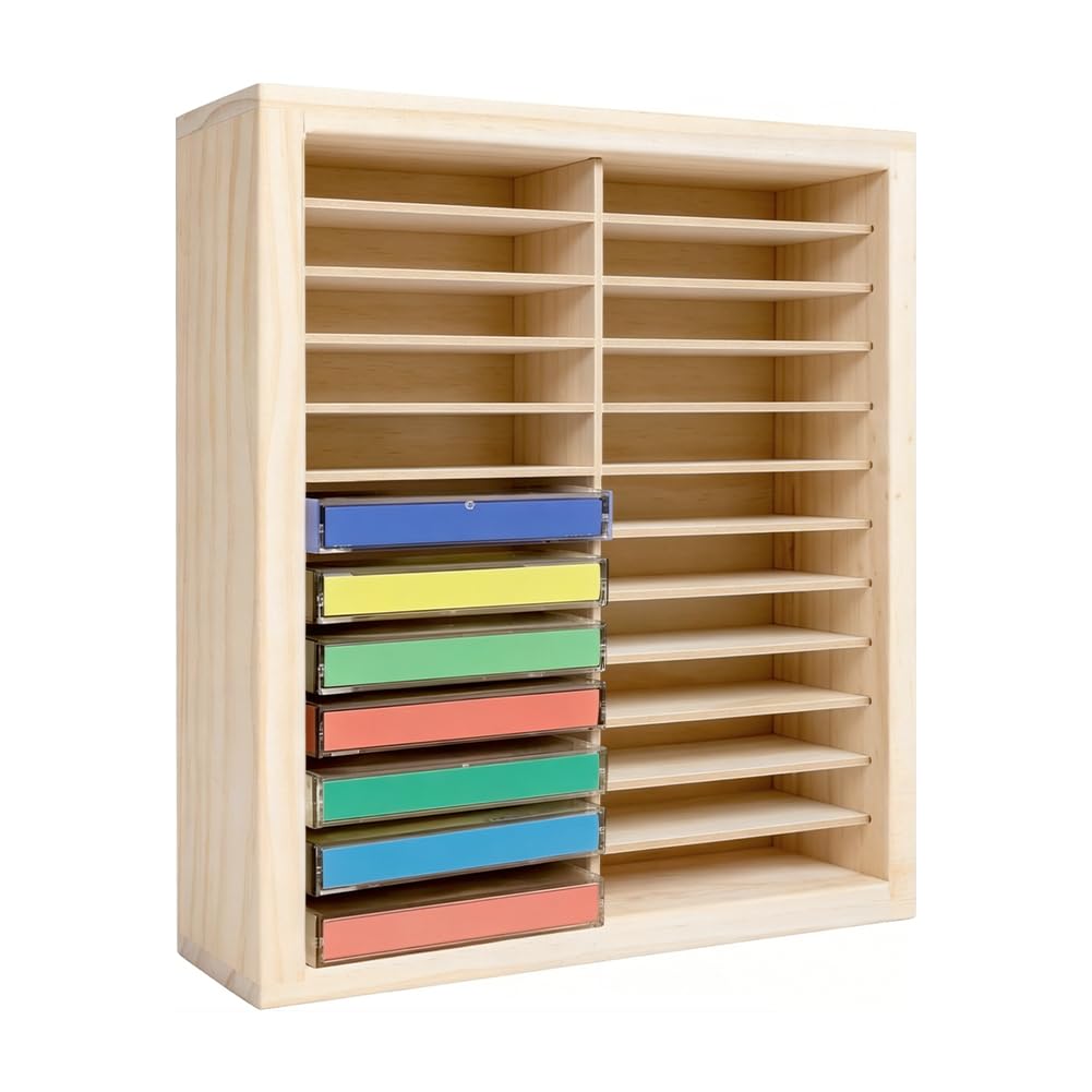 DICOSMETIC 24-Grid Cassette Tape Storage Rack Wood Cassette Tapes Holder Desktop Audio Tape Organizer Wall-Mounted Cassettes Holder for Home Decor, 29.5x26x7.9cm