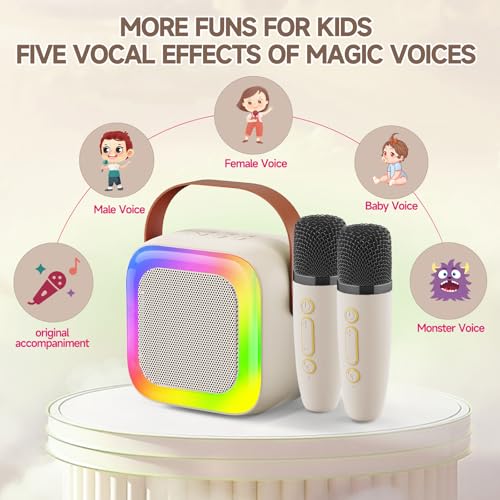 Image of Mini Karaoke Machine for Kids Teen Adults, Kids Karaoke Machine with 2 Wireless Microphones and LED Lights Toys for Party, Home, Gifts for 4 5 6 7 8 9 10 11 12+ Years Girls Boys(Beige)