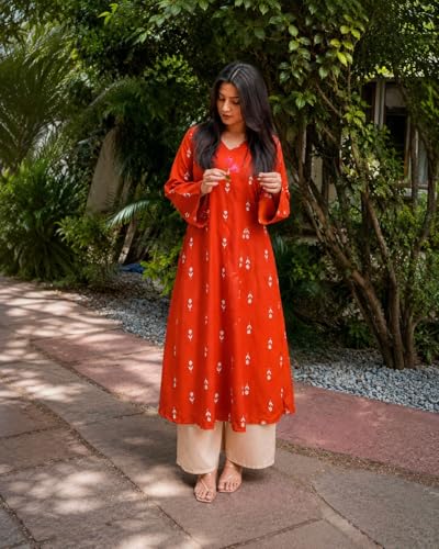 Image of Stylum Women's Rust Ethnic Printed Rayon A-Line Kurta Palazzo Set | Palazzo Kurti Set for Women