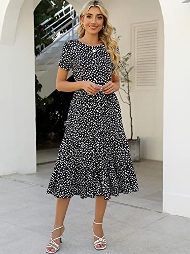 Image of Lyrur Women's Dresses Casual Summer Tiered Midi Dress Short Sleeve Belted Ruffle Babydoll Boho Sundress with Pockets