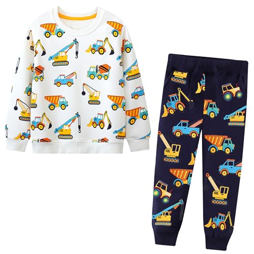 FILOWA Tute da Ginnastica Bambino Tuta Completini Sportivi Jogging Cotone Dinosauro Escavatore Bianco Nero Ragazzo Scuola Maglieria Felpe Pantaloni Set Autunno Inverno Bambini e Ragazzi 4-5 Anni