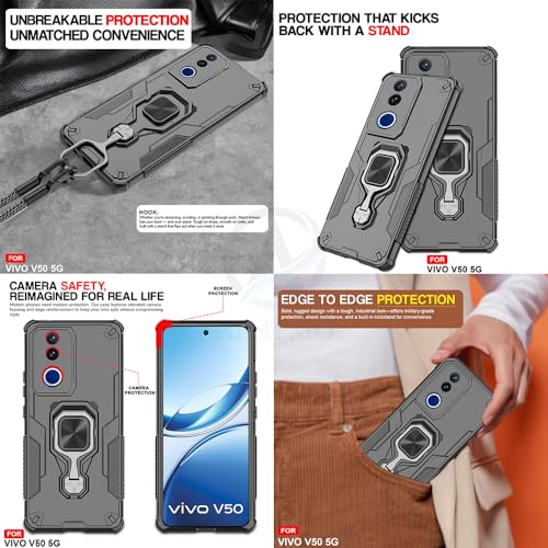 Image of AESTMO Armor Back Cover for Vivo V50 / V50E / T4R / iQOO Z10R 5G | Ring Holder & Kickstand & Camera Protection in-Built | 360 Degree Protection Back Case Cover (Black)