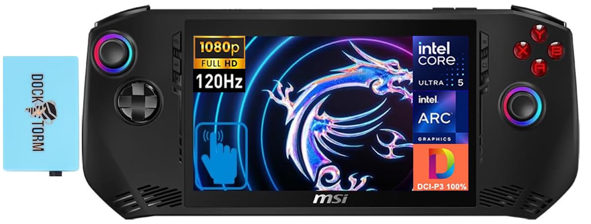 MSI Claw AI Powered Handheld Gaming Device 7" 120 Hz Touchscreen WVA FHD Display (Intel Ultra 5-135H, 16GB LPDDR5, 1TB SSD, FP Reader, Thunderbolt 4, WiFi 7, Micro SD Reader, Win11P) w/DKZ Hub