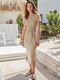 ANRABESS Women's 2026 Summer Maxi Tshirt Dress Short Sleeve Crewneck Tie Waist Casual Slim Fit Slit Spring Long Beach Dresses Khaki XX-Large
