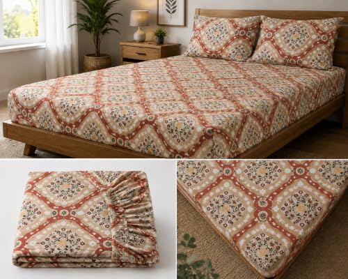 Image of Fitted Bedsheet Ethnic Beige Jaipuri Print Glace Cotton 210 TC | Single Size for Single Bed Fits 3 x 6.25 ft Mattress (36 x 75 Inch) | All Around Elastic | 2 Pillow Cover | 7 Inch Deep Pocket