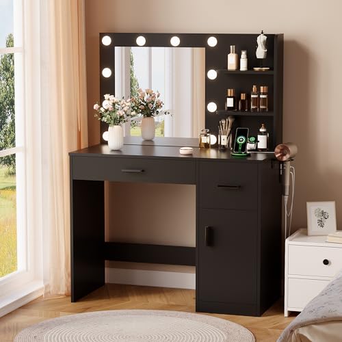 Image of YESHOMY 35.4 inch Makeup Vanity Desk with Mirror & Power Outlet, Black