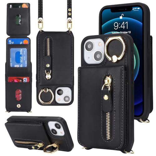 DEYHU iPhone 13 Mini Case with Card Holder for Women, iPhone 13 Mini Phone Case Wallet with Strap Credit Card Slots Crossbody with Kickstand Zipper Case - Black