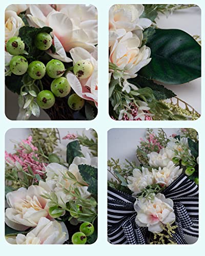 Soosubel Spring Summer Front Door Wreath, 20" Artificial Floral Wreath With Bow, Wreaths For Front Door, Window, Outdoor, Indoor Decor #TOP1