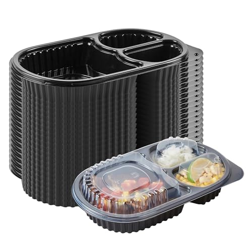 Image of Restaurantware-RW Base 19 Ounce Meal Prep Containers, 100 Microwavable To Go Containers With Lids - 3 Compartments, Disposable, Black Plastic Oval Food Containers, For Hot And Cold Food, Freezable