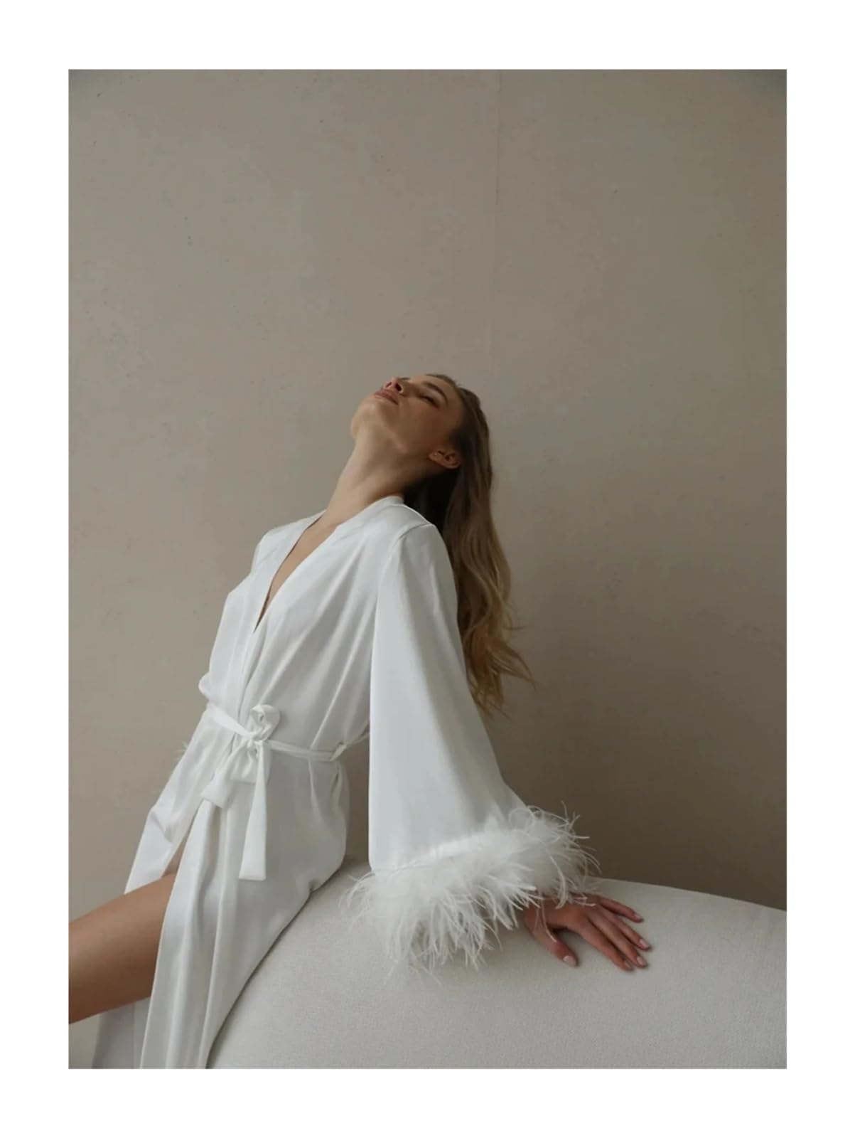 Peignoir Satin Femme Robe de mariée avec Manches en Plumes, Longue Robe Satin Soie Blanche for Les Tenues du Matin Jour Mariage, Chambre à
