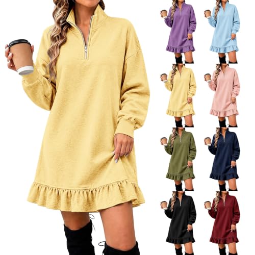 Quarter Zip Up Sweatshirt Dress For Women Oversized Hoodie Dress Yellow - image 5