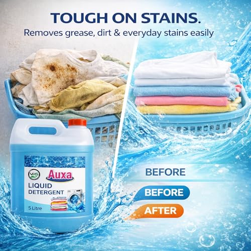 Image of AUXA Liquid Detergent | High Efficiency Laundry Liquid for Clothes | Tough Stain Remover, Deep Cleaning Formula with Long Lasting Freshness | For Machine & Hand Wash (5Ltr)