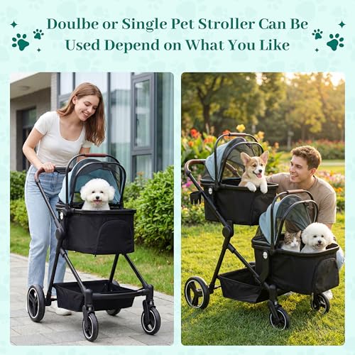 Image of Foldable Double Pet Stroller for 2 Small Medium Cats Dogs | Convertible single /double | Detachable carriers | All-terrain wheels & shock | Safety brakes & tether | Breathable oxford