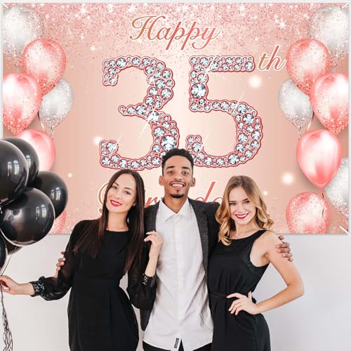 Image of Happy 35th Birthday Rose Gold Banner Cheers to 35 Years Old Backdrop Confetti Balloons Theme Decor for Women 35 Years Old Pink Birthday Party Decorations Bday Supplies Background Favors Gift Glitter