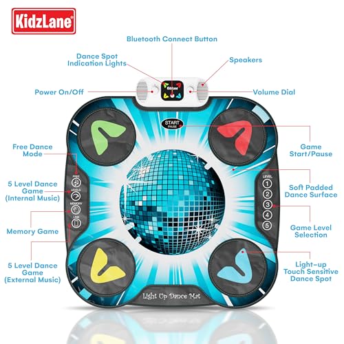 Image of Kidzlane Light Up DJ Dance Mat for Kids - Bluetooth & AUX Compatible - 3 Fun Arcade Games with 5 Difficulty Levels - Detachable Discoball & Fairytail - Adjustable Volume - Ages 6+