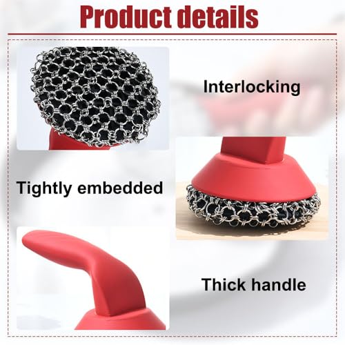 Image of Cast Iron Scrubber, Stainless Steel Chainmail Cleaner with Handle Easy-to-Clean Pot Brush for Pots Pans Plates