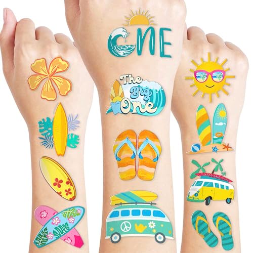 Cute Surfing Temporary Tattoos The Big One Surf Birthday Party Decorations Favors Supplies Summer 1st Themed Stickers 10 Sheets 100 PCS Gifts for Kids Girls Boys Decor Class School Carnival Christmas