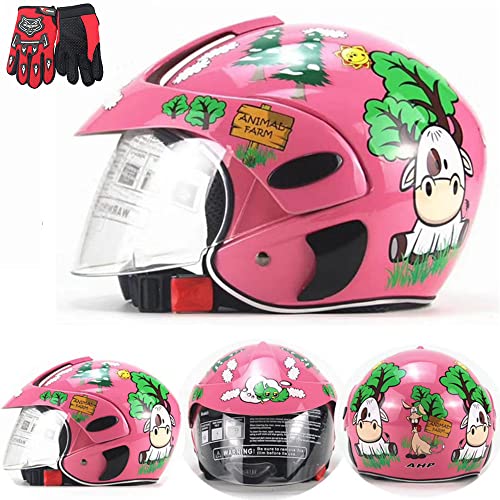 FQXG Casque De Moto pour Enfants, Casque De Sport en Plein Air, Casque De Motocycle Et Gants De Moto De Bicyclettes pour Enfants, Garçons Et Filles, Propice Au 3-8 Ans,Rose