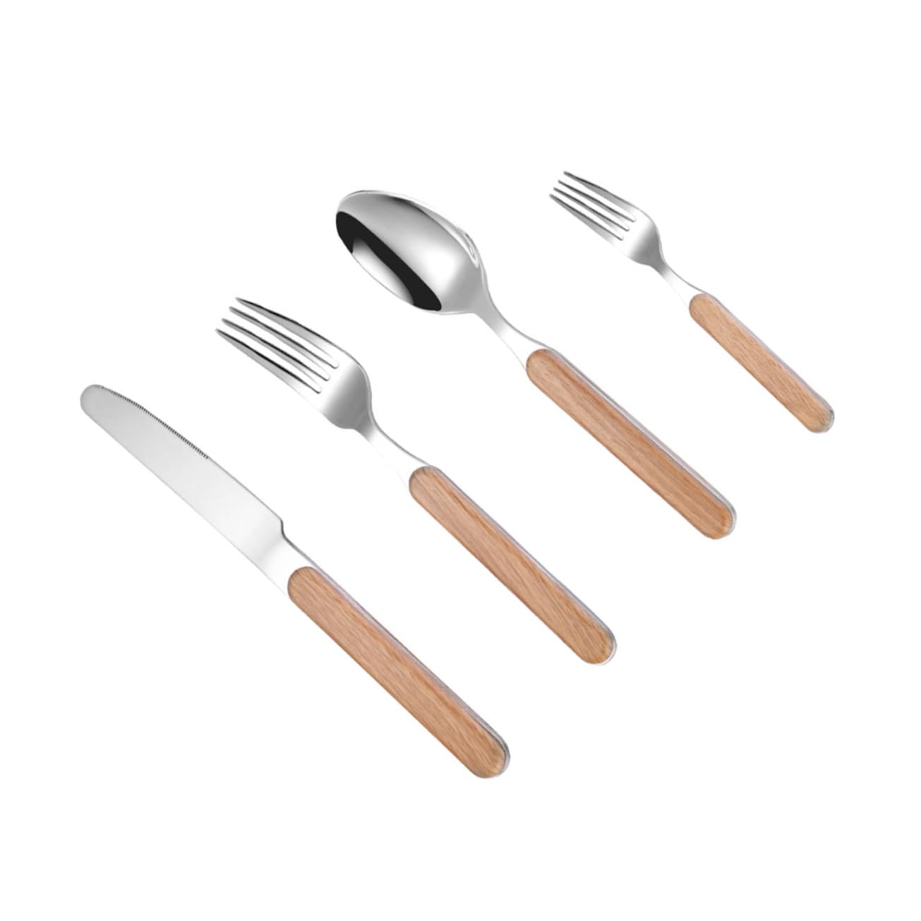 4pezzi Posate Stile Retrò Pz Forchetta Coltello Cucchiaio Manico Legno Lucidato Bordi Ergonomici Resistente