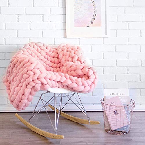Image of Yijiujiuer Chunky Knit Blanket Giant Throw Merino Wool Yarn Hand Made Bed Sofa Chair Mat (Pink 40"x47")