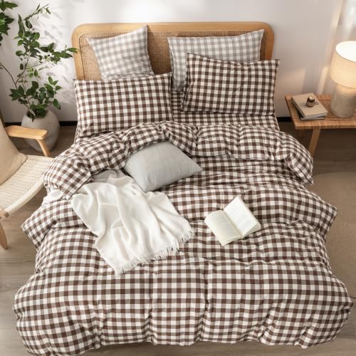 Image of BESTOUCH Gingham Cotton Duvet Cover Set Cocoa Brown Twin | Washed Cotton, Linen Feel, Soft Wrinkle Texture, Hidden Zipper, 8 Ties, Breathable Lightweight Durable Comfy, 2 Pcs No Insert
