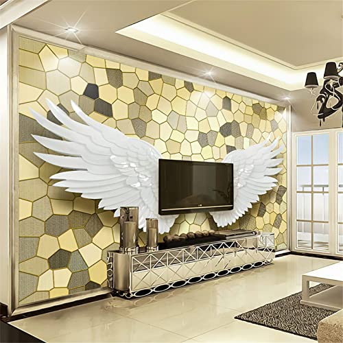 White Angel Wings 3D Photo Wallpaper Mural, Mosaic Golden Geometry Mural Wallpaper, Wall Decor For Living Room Bedroom Tv Background Hotel Bar Mural - 118"X 91"(W X H) #TOP26