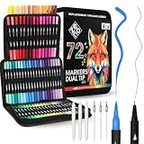 Feutres Coloriage Adulte 72 Couleurs - Pointe Fine et Pinceau - Avec Étui
