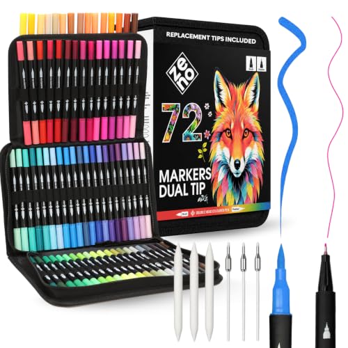 ZENO Filzstifte mit Ersatzspitzen 72 Stück mit Dual Brush Pen und Etui