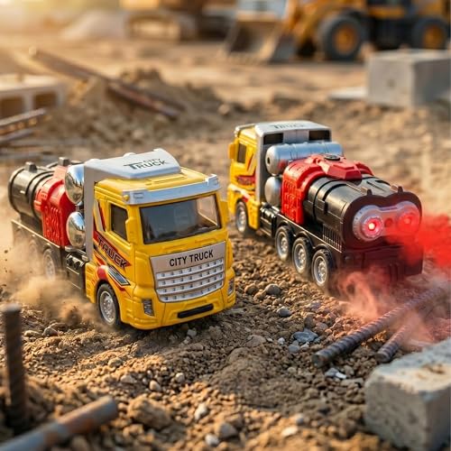 Image of Die Cast Smoke Tanker Truck Toy for Kids with Real Smoke Effect, Light and Sound, Pull Back Action, Metal Head Body Heavy Vehicle Toy for Boys and Girls, Battery Operated Truck Toy