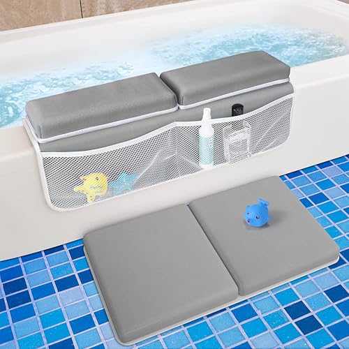 Image of Bath Kneeler and Elbow Kneeling Rest Pad for Baby Bathing Parents, Comfortable Extra Thick Bath Kneeler Pad for Bathtub, Non Slip Pad Baby Bath Essentials with Bath Toy Storage for Tub-Grey