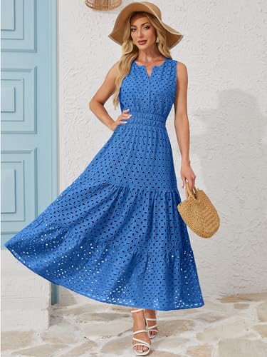 Image of Women 2026 Summer Maxi Dress Casual V Neck Sundress Sleeveless Hollow Out Eyelet a Line Long Flowy Beach Vacation Dresses(Blue,S)