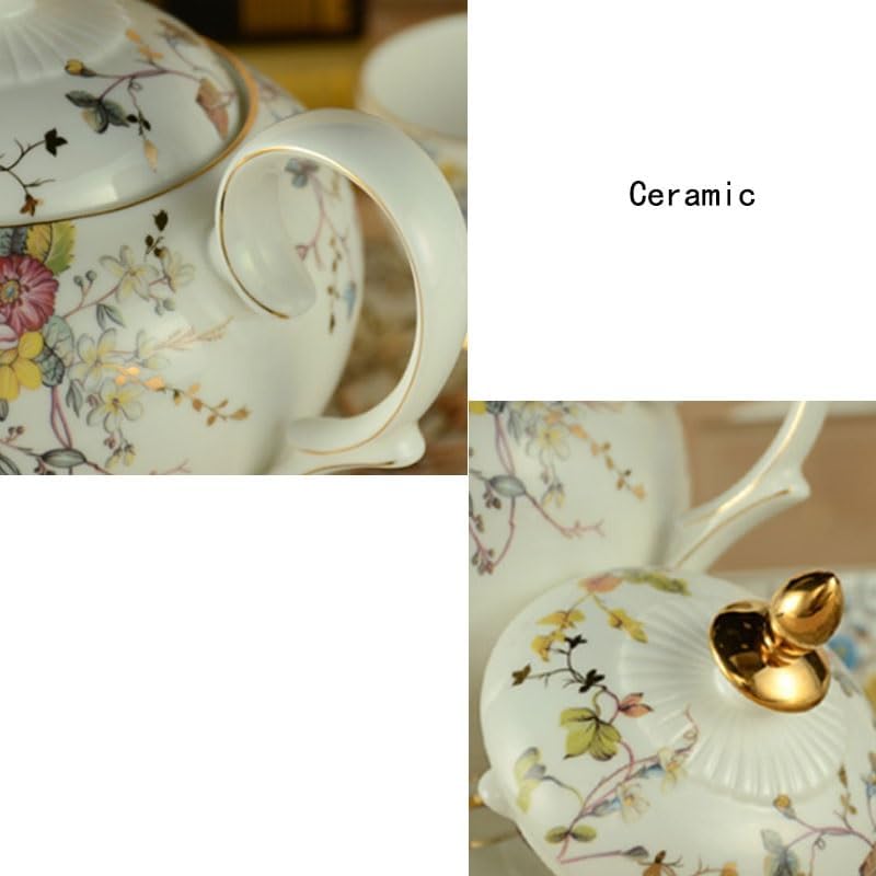European Coffee Pot Set Ceramic High Footed Pastoral Floral Gold Edge Bone China Cup