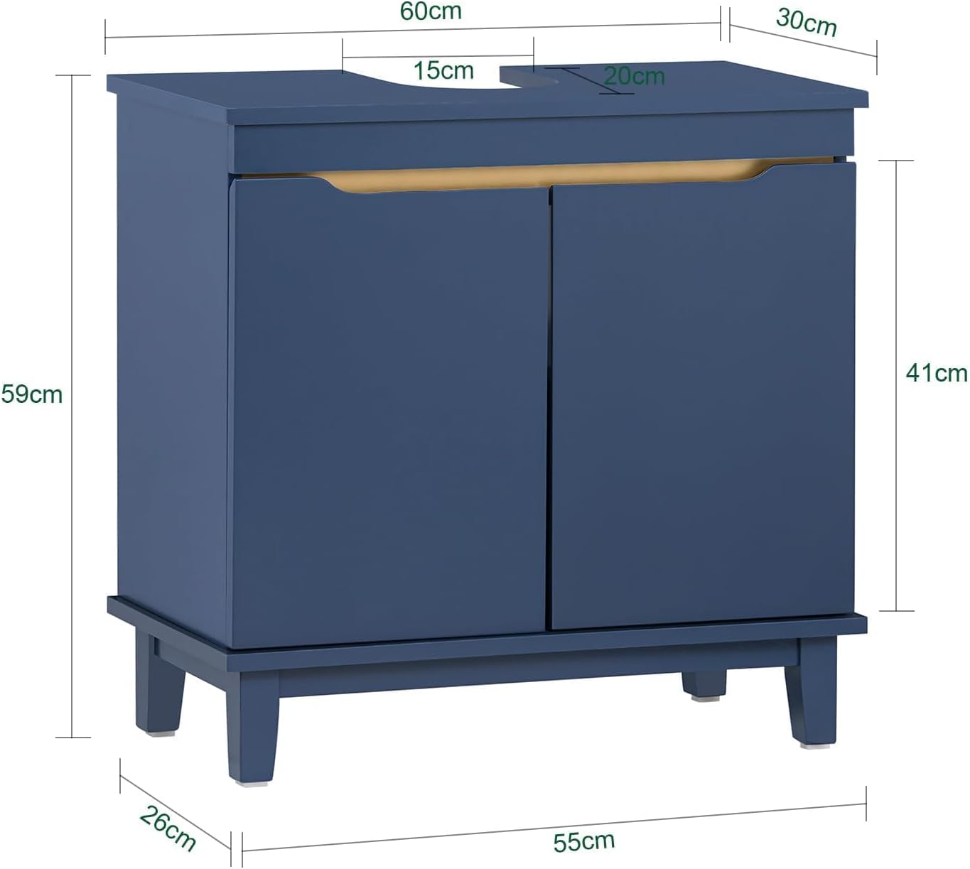 Diagram showing the dimensions of the SoBuy BZR113-B under-sink cabinet, including width, height, depth, and siphon opening measurements.