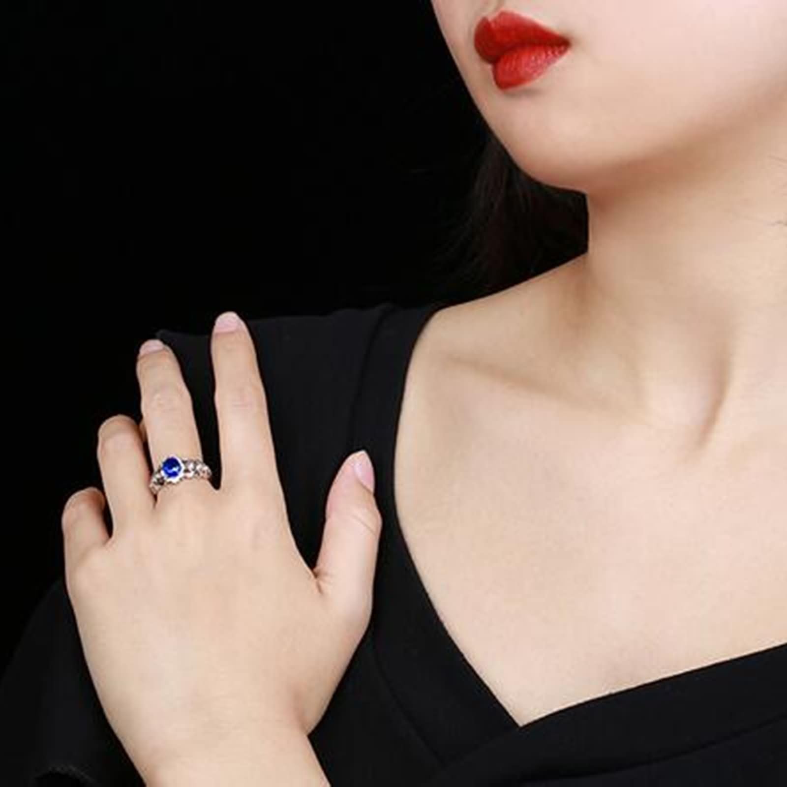Daesar Anillos para Compromiso de Mujer con Hueco y Oval con Zafiro Creado de 1.1ct y Moissanita, Oro Blanco 9K/14K/18K, Anillos Alianza Plata Azul