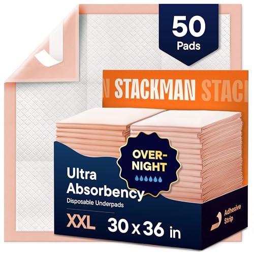 Heavy Absorbency Bed Pads XXL Disposable 30 x 36 Chucks Pee Pads for Incontinence Bed Wetting for Adults Elderly & Kids [50 Pads] Extra Large Underpads - 30x36 - With 2 Adhesive Strips on Each Pad