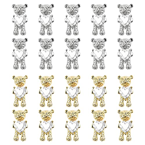 Beautifultracy 20 Pieces Nail Art Rhinestones Shiny Alloy Bear 3D with Heart Crystal Nail Decoration DIY Nail Art Decoration Accessories