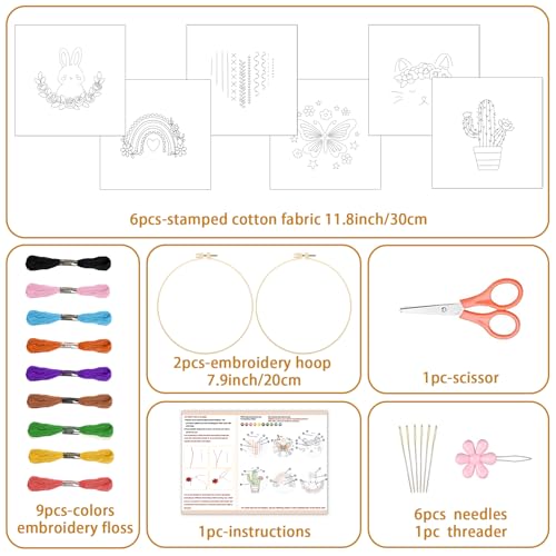 Image of BEUNITONE 6Pcs Easy Embroidery Kit for Adults Beginners, Simple Cross Stitch Starter Set for Beginners, Cute Animal Rainbow Butterfly DIY Craft Activity for Home Decor and Festival Gifts 20x20cm