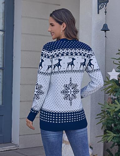 Bresdk Weihnachts Strickjacke Damen Weihnachten Cardigan Langarm Open Front mit Knöpfen Strickpullover Weihnachtspullover Blau M