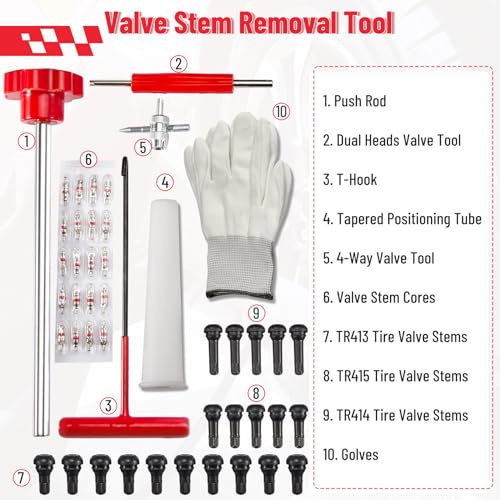 Image of CarBole Valve Stem Removal Tool, Quick Change Tire Valve Stem Core with Gloves T-Hook Push Rod TR413 TR414 TR415 for Replacing Leaky Valves in Cars Trucks Atvs Motorcycles