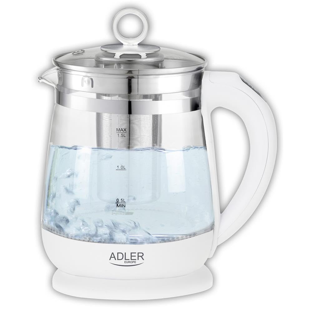 Adler AD 1299 Hervidor de Agua Eléctrico de Cristal 1,5 Litros,Infusor,Vidrio sin BPA,Retroiluminado,Regulador Temperatura 60 a 100 gradosC, Apagado Automático, Inalámbrico 360grados sin Cable, 2200W
