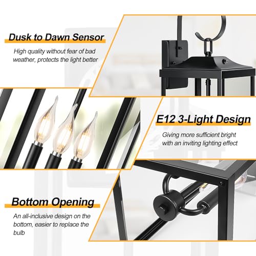 Image of 24 inch Extra Large Dusk to Dawn Exterior Lighting Fixtures, Front Porch Lights | Waterproof Outdoor Wall Lights Exterior Lighting Fixtures, Rust Proof Outside Wall Lanterns 3-Light for Garage, Black, 2-Pack
