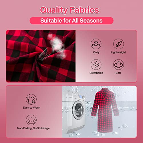 Image of FashGudim Mens Buffalo Plaid Cotton Robe Lightweight Bathrobe Shawl Collar Kimono Sleepwear Loungewear House Robes