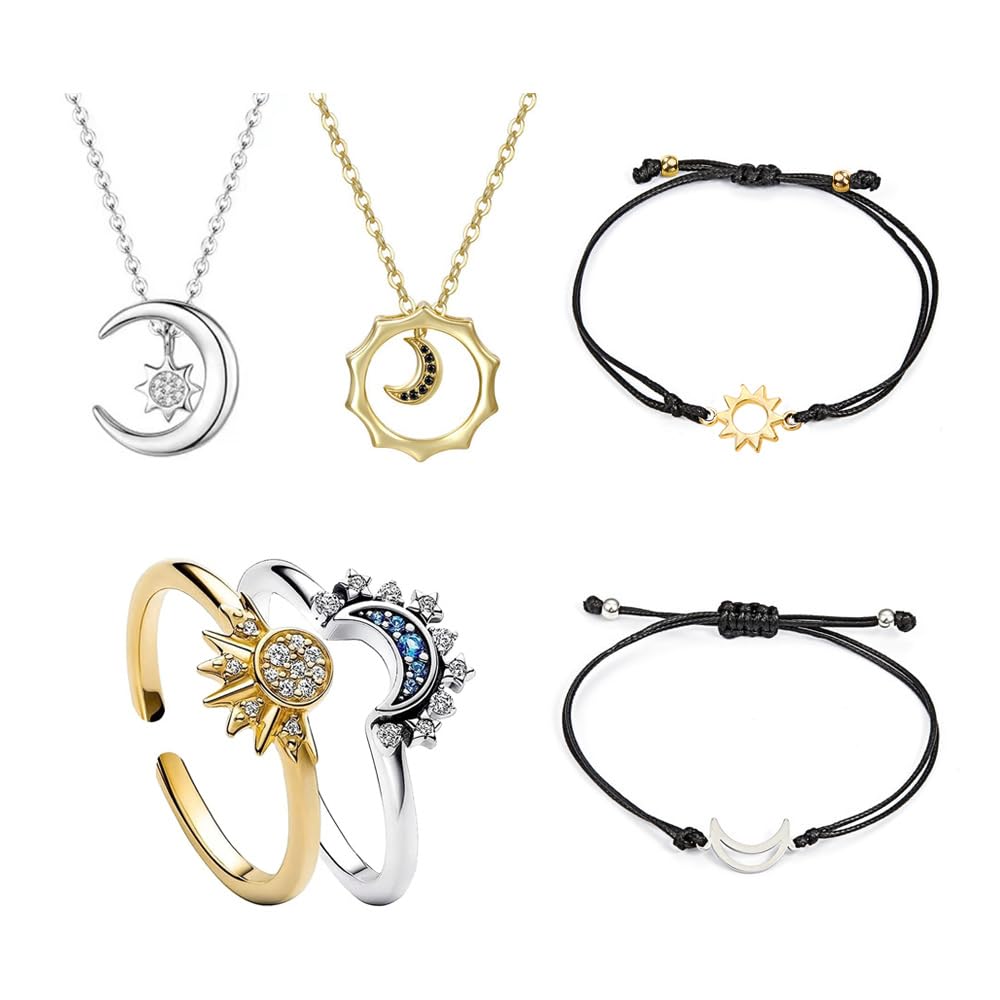 Sun And Moon Jewellery Sets Adjustable Celestial Sparkling Ring And Necklace Bracelets Set Silver Gold Plate Matching Ring Valentine's Day Jewellery Gift Set for Women Girls