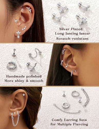 Cartilage Earrings for Women - 14K Gold Plated Flat Back Helix Conch Tragus Piercing Jewelry Single Stainless Steel Stud Earrings Hoops Stackable Set2