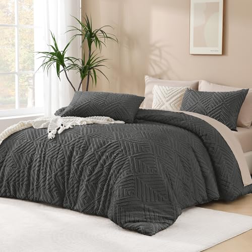 Image of Andency Dark Grey Comforter Set Queen, Gray Lightweight Fluffy Bedding Comforter Sets for Queen Bed, 3 Pieces Tufted Farmhouse Shabby Chic Bed Set for All Seasons (1 Comforter 90x90In, 2 Pillowcases)