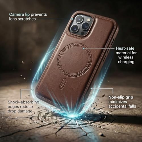 Image of amazon basics Premium PU Leather Case for iPhone 12 Pro Max, MagSafe Compatible Magnetic Ring, Sleek Protective Back Cover - [Brown]