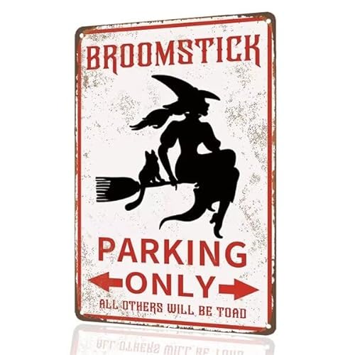 Vintage Witch Broomstick Parking Only Metal Sign, Halloween Decorative Tin Wall Art, 8x12 inches, Red and Black