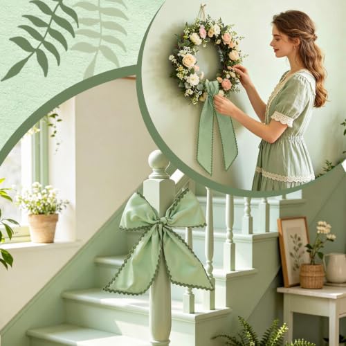 Banda festoneada para corona evita caidas de lazos decorativos verde salvia puerta delantera 8
