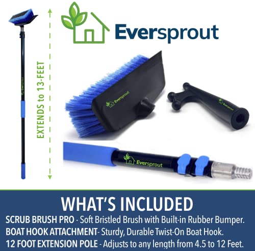 Image of EVERSPROUT 5-to-13 Foot Boat Hook & Scrub Brush Kit | 3-Stage Lightweight Telescopic Extension Pole | Soft-Bristle Deck Brush with Built-in Bumper Prevents Scratching | Durable Floating Design